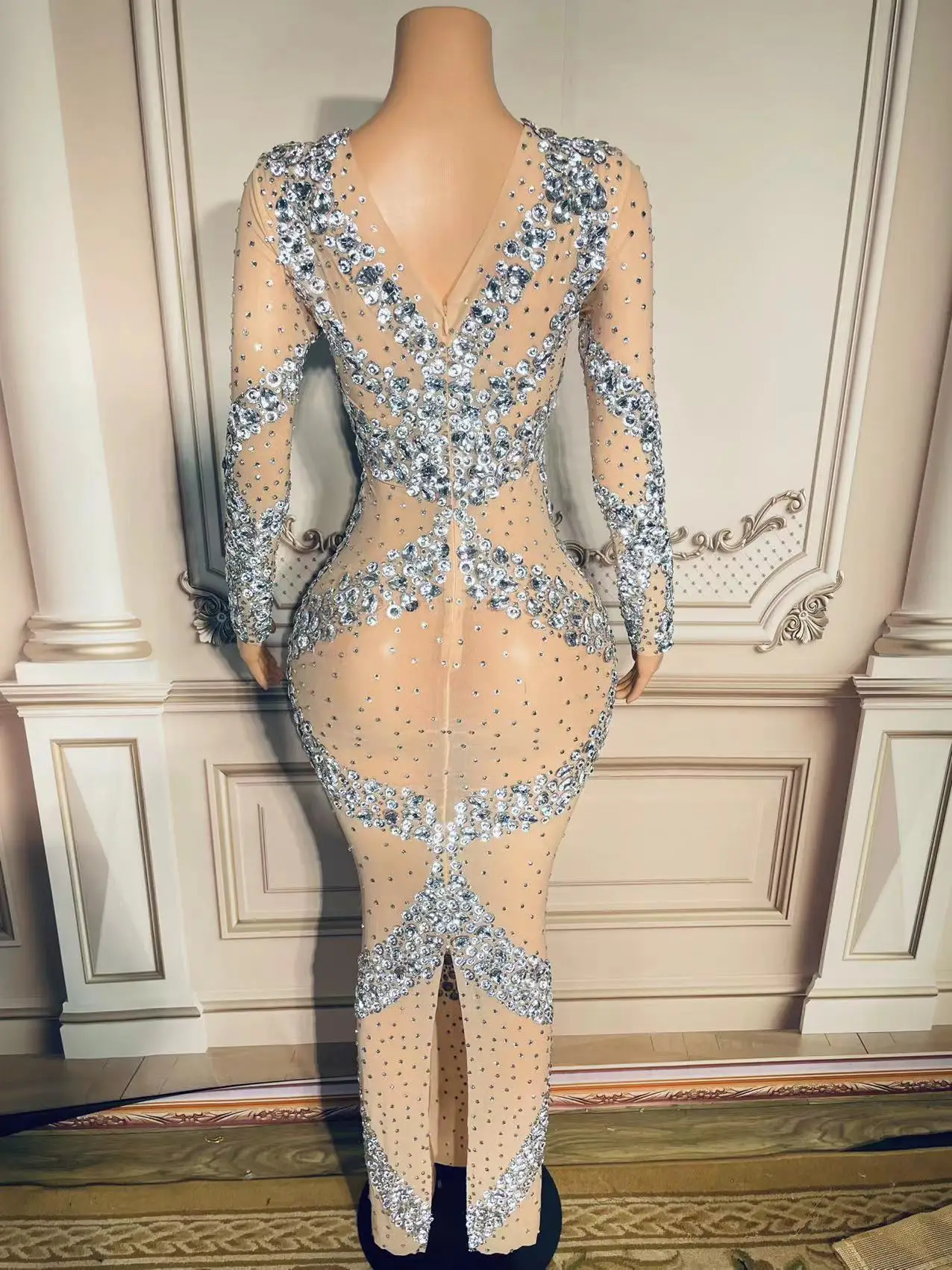 Sexy Big Stones  Dress Mesh Birthday Feather Celebrate Evening Wear Female Singer Show See Through Clothes