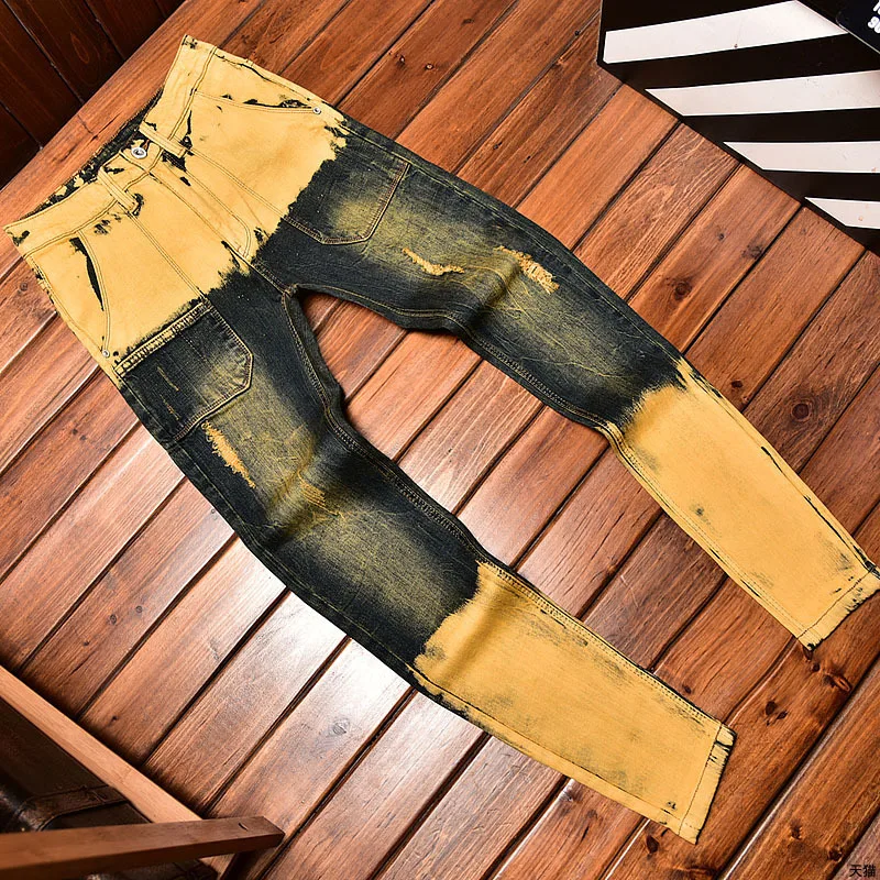 

Washed Worn Jeans Men's Personalized Design Ripped Elastic Straight Slim-Fit Trendy Retro Yellow Mud-Color Trousers