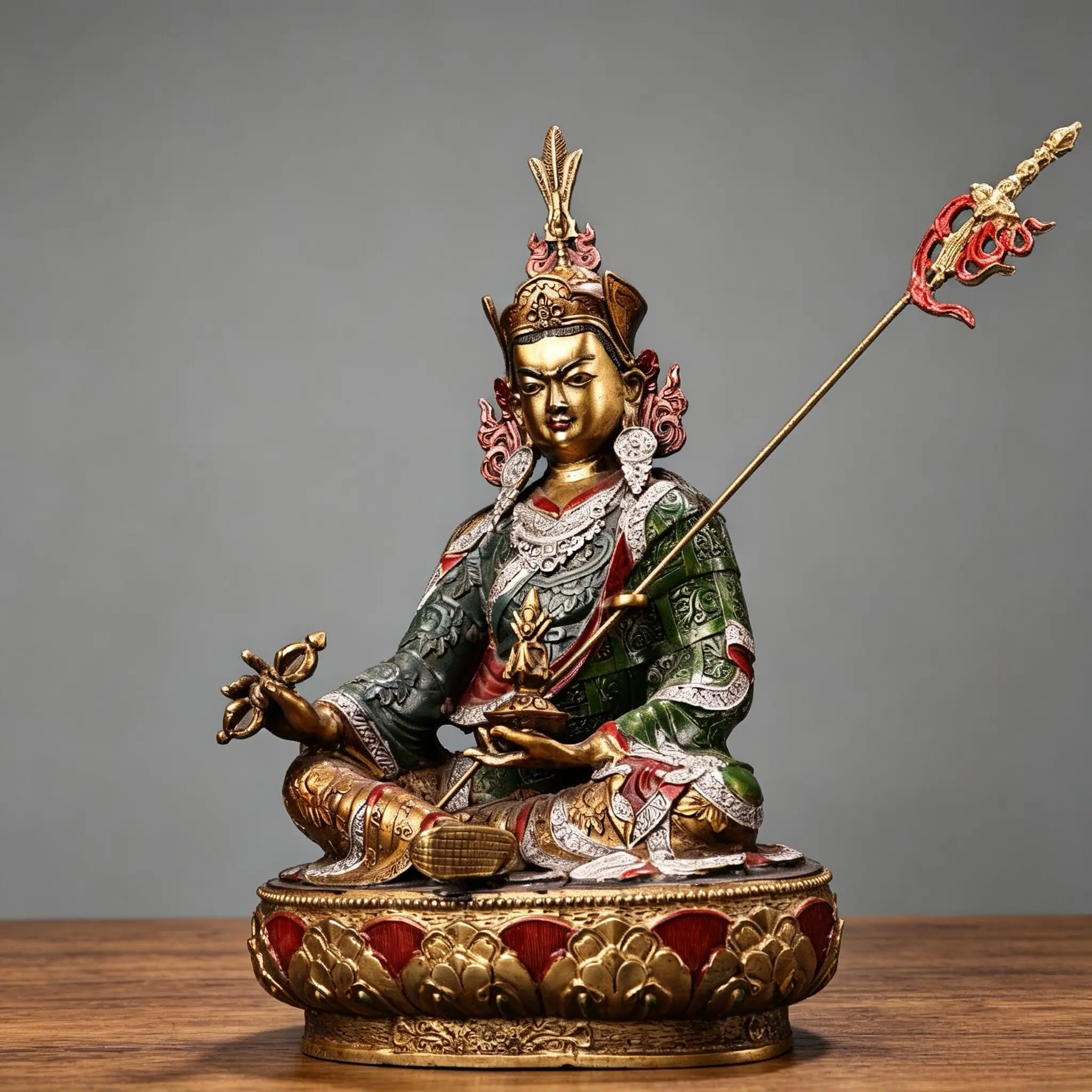 Tibetan Antique Gold Painted Copper Padmasambhava Statue Guru Rinpoche Nyingma Patriarch Home Altar Decor