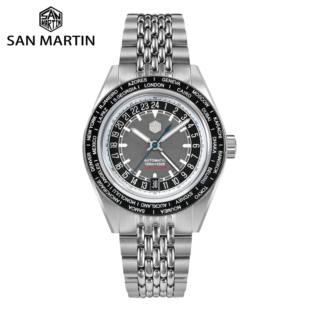 San Martin World Timer Watch Japan NH34 GMT 39.5mm Original Design Men Automatic Mechanical Travelers Watches Waterproof SN0116