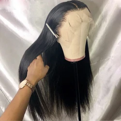 Peluca de cabello humano liso para mujeres negras, postizo de encaje Frontal transparente brasileño predespuntado, Hd, 13x4