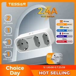 TESSAN Multi Socket Power Strip with 3 Outlets +1 USB Port+ 1 Type C European Plug Wall Socket Adapter with Overload Protection