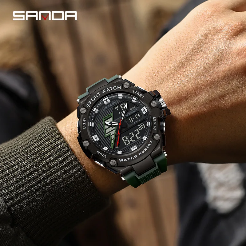 

SANDA Dual Display Electronic Watch Men's 50 Meter Waterproof Night Light/stopwatch Timer/alarm Clock Hourly Student Watch
