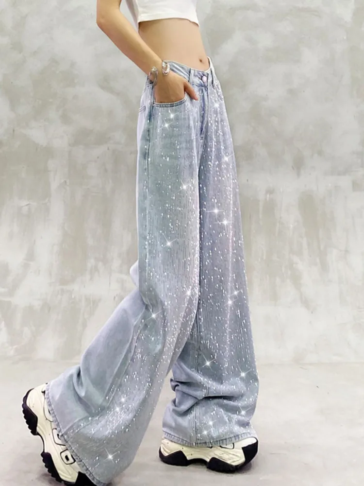 الرجعية الماس تصميم الجينز الساخن فتاة واسعة الساق عالية الخصر السراويل الطويلة الصيف أزياء جان كول لامعة حجر الراين ثنيات جينز غير رسمي #1