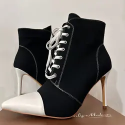Onlymaker Women Canvas Lace-up 10CM Pointed Toe Ankle Boots Stiletto Heels with Side Zipper Patchwork Shoes Big Size US5~US15