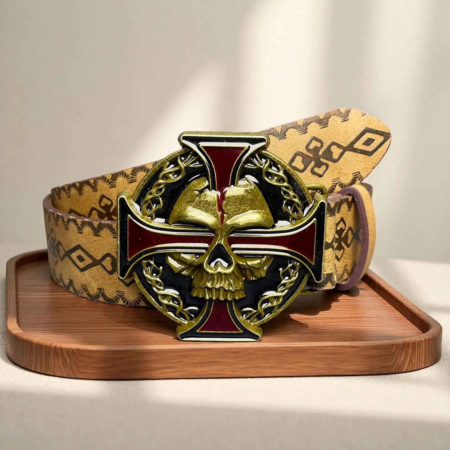 Men's coffee-colored retro dark style Y2K punk cross skull metal buckle spider pattern embossed belt, autumn and winter party ev view 2