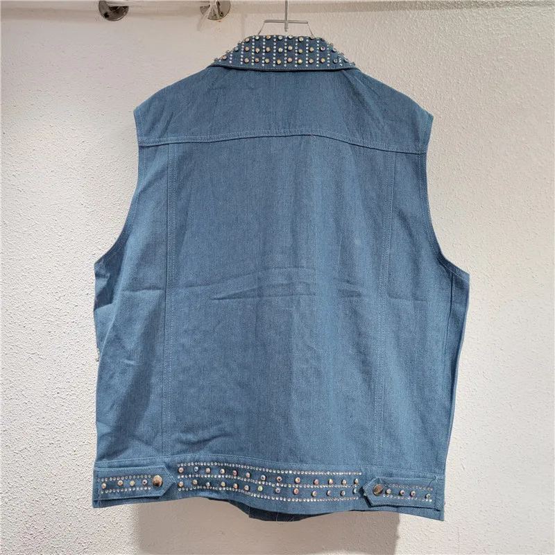 HKSH Women Denim Waistcoat Studded Diamonds Turn-down Collar Single Breasted High Street Sleeveless Jacket Spring Autumn HK22291