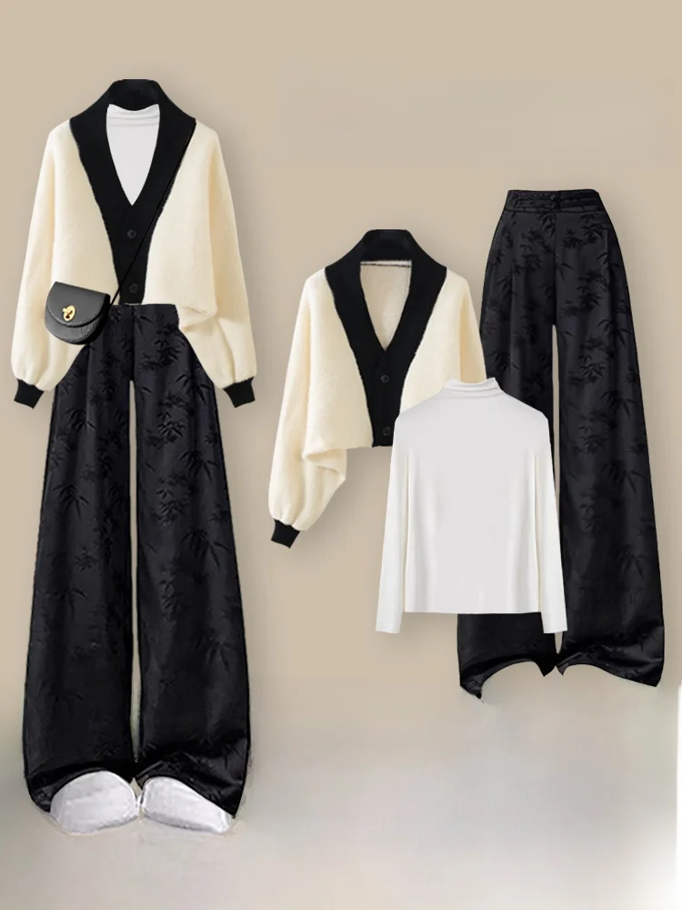 

Women's V-ne Knitted Open Cardigan High Waist Wide Leg Pants Set Bla White Color Blo Two-piece Suit Autumn Winter Faion