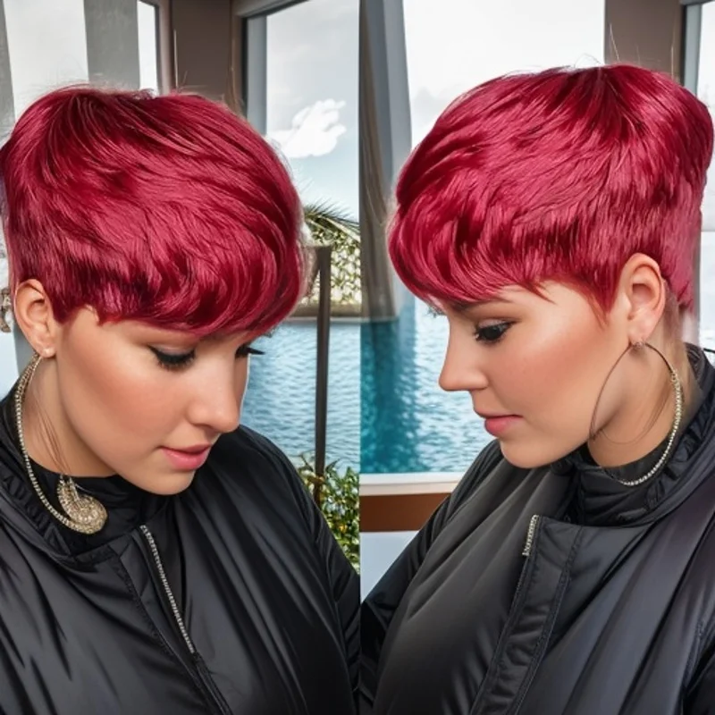 باروكات مموجة مستقيمة الطبقات مصنوعة آليًا بالكامل، شعر بشري قصير بورجوندي