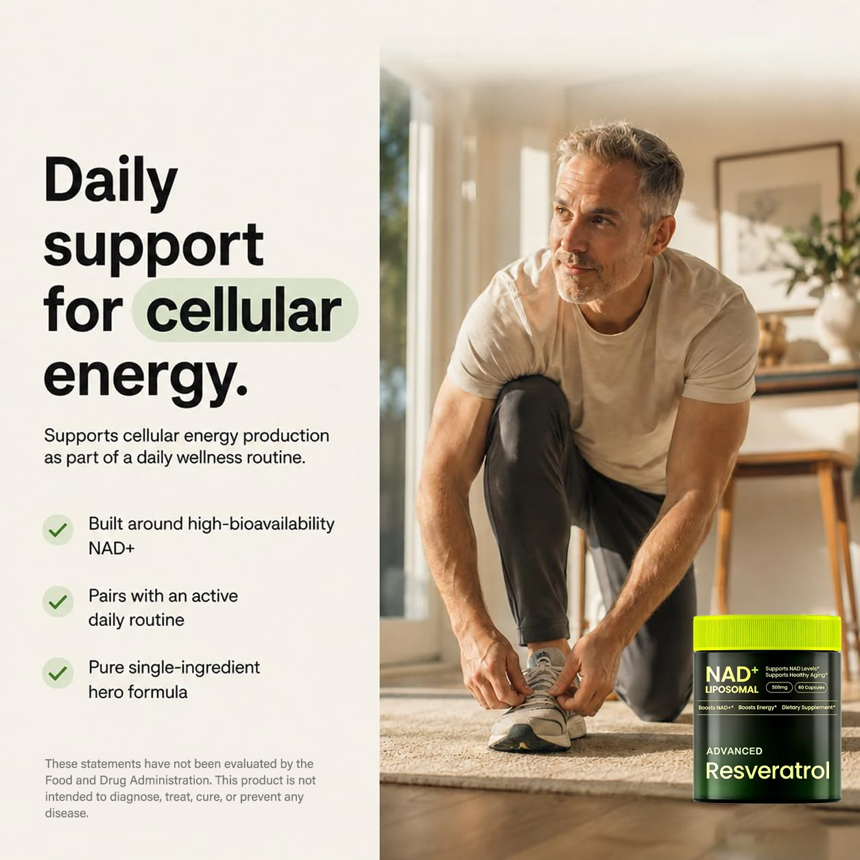 Liposomal NAD+ Resveratrol Supplement, NAD ADVANCED 500mg, Supports Anti-Aging & Brain Health, Improve Energy- 60 Capsules