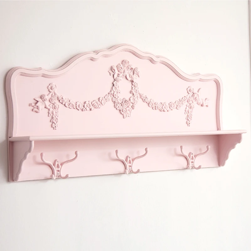 French Retro Pink Wood Porch Bedroom Entryway Living Room Wall Shelf Coat Hat Rack with Hooks