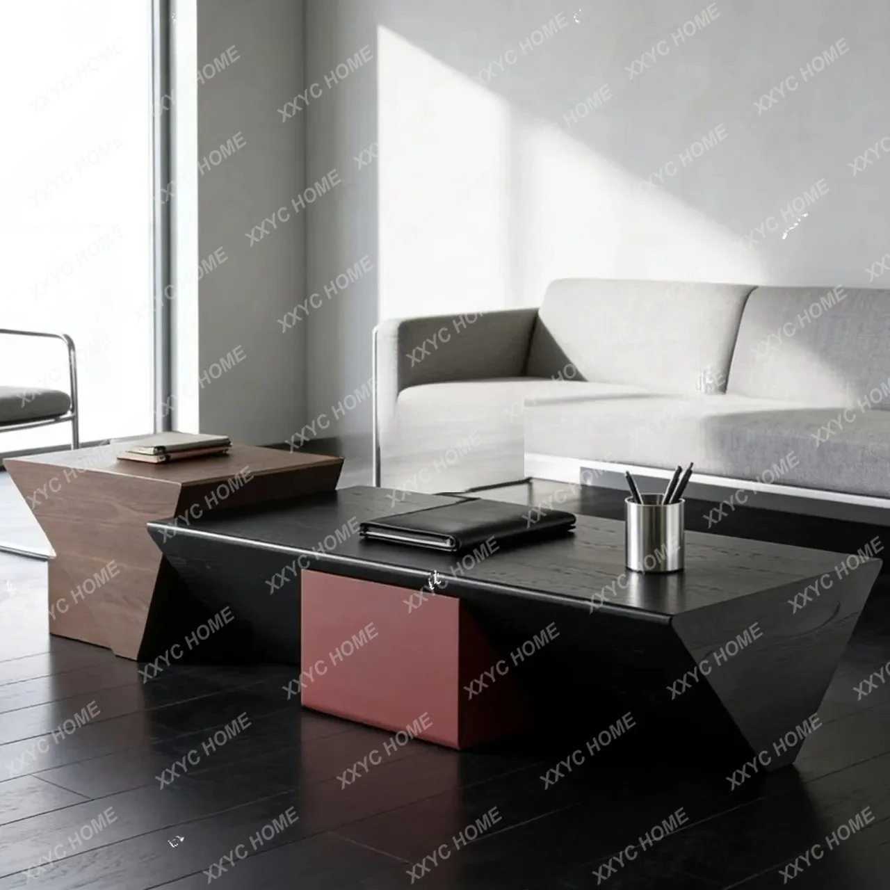 Modern minimalist contrasting color solid wood splicing coffee table irregular