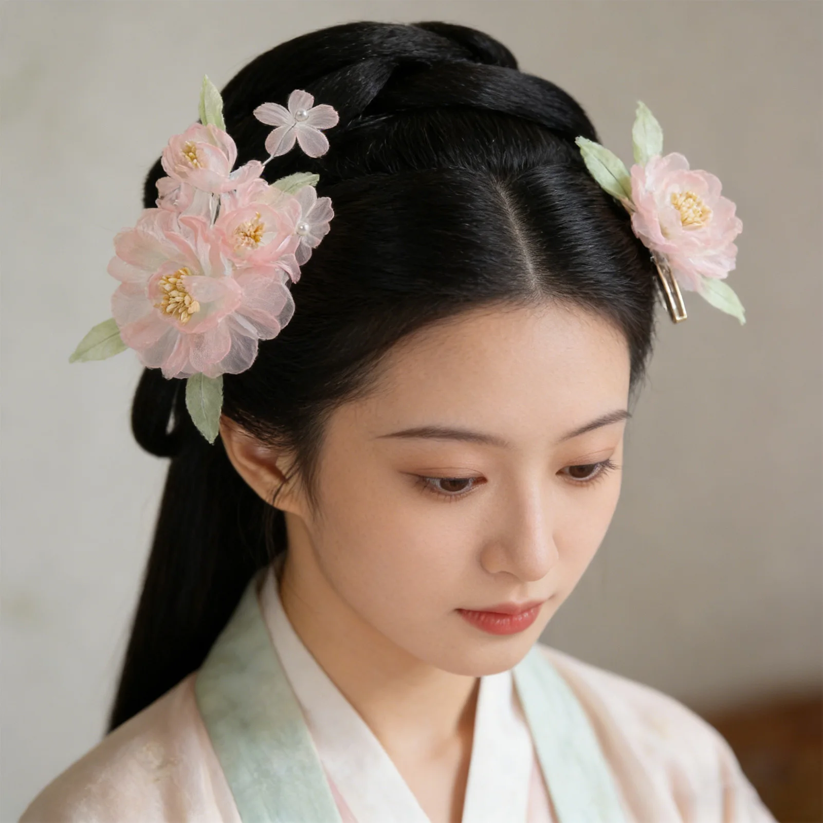 

Винтажные китайские заколки для волос в стиле Ханьфу, ручной работы, из розового шелка с выжженными цветами, для традиционных костюмов и свадебных причесок