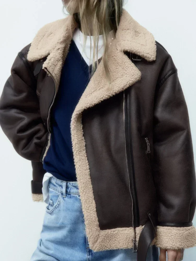 BWQ Woman's Thick Warm Double Faced Faux Shearling Jacket Fall Winter New Lapel Long Sleeve Belted Hem Zip Closure Outerwear
