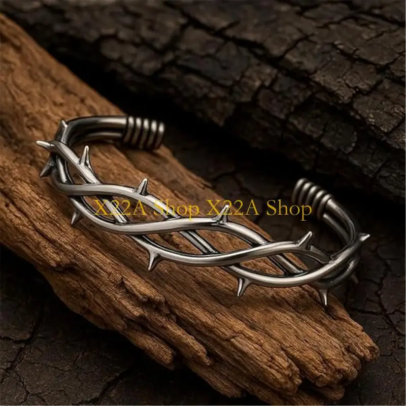 Unique Stainless Steel Thorn Gothic Punk Bracelet with Edgy Design Open Adjustable Bangle Dark Fashion Accessory