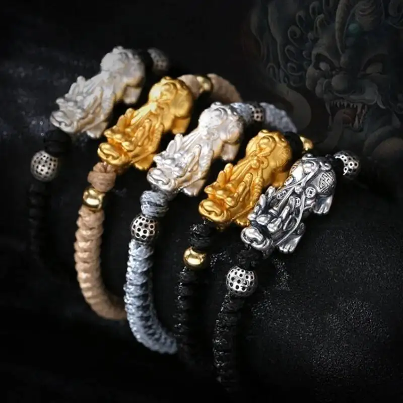 

999 Silver Pixiu Braided Rope Bracelets For Men Simple Trendy Punk Hip-hop Pull-out Design Adjustable Wealth Lucky Bracelets