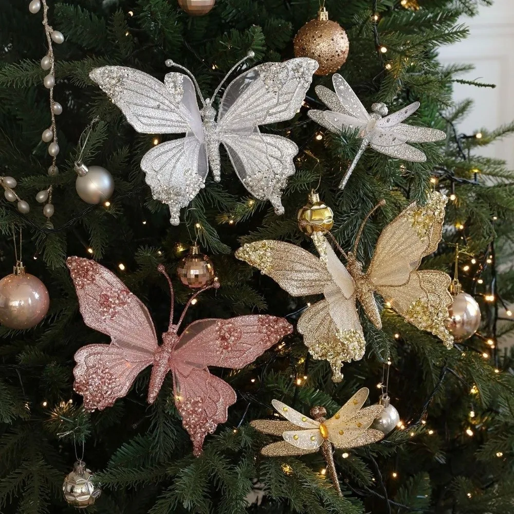 Ornamento scintillante di farfalle natalizie con clip Decorazione da appendere con libellula colorata Decorazioni per l'albero di Natale glitterate