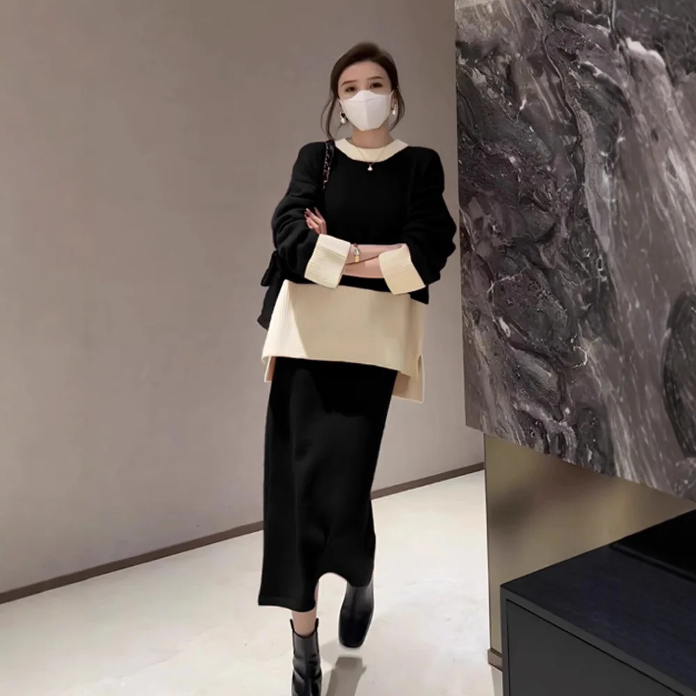 

Женский осенне-зимний комплект из полиэстера с длинным рукавом и круглым вырезом, модный повседневный вязаный свитер и юбка для беременных