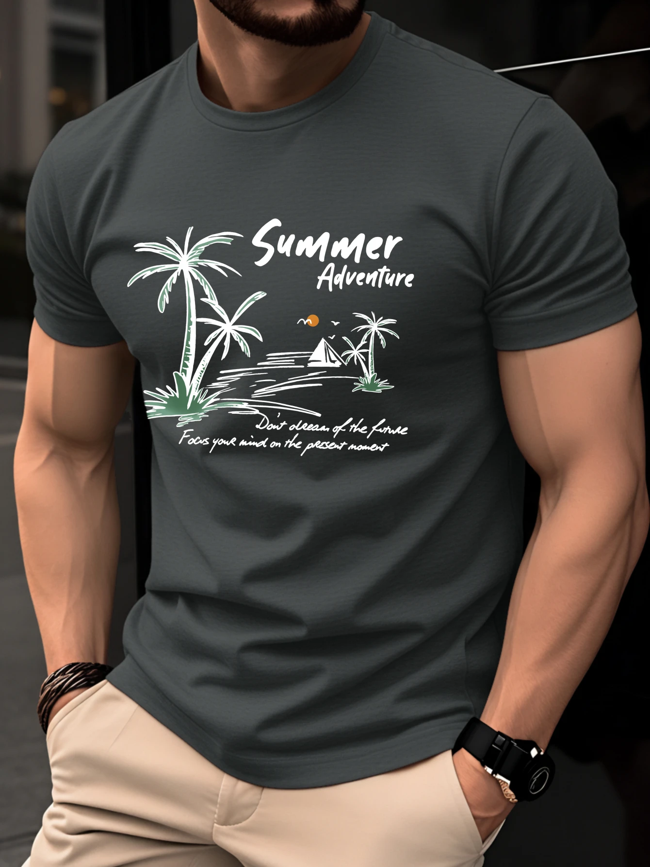 Men's Summer Relaxed-Fit Holiday Beach Print Short-Sleeve T-Shirt Sporty and Comfortable Crew-Neck Short-Sleeve T-Shirt