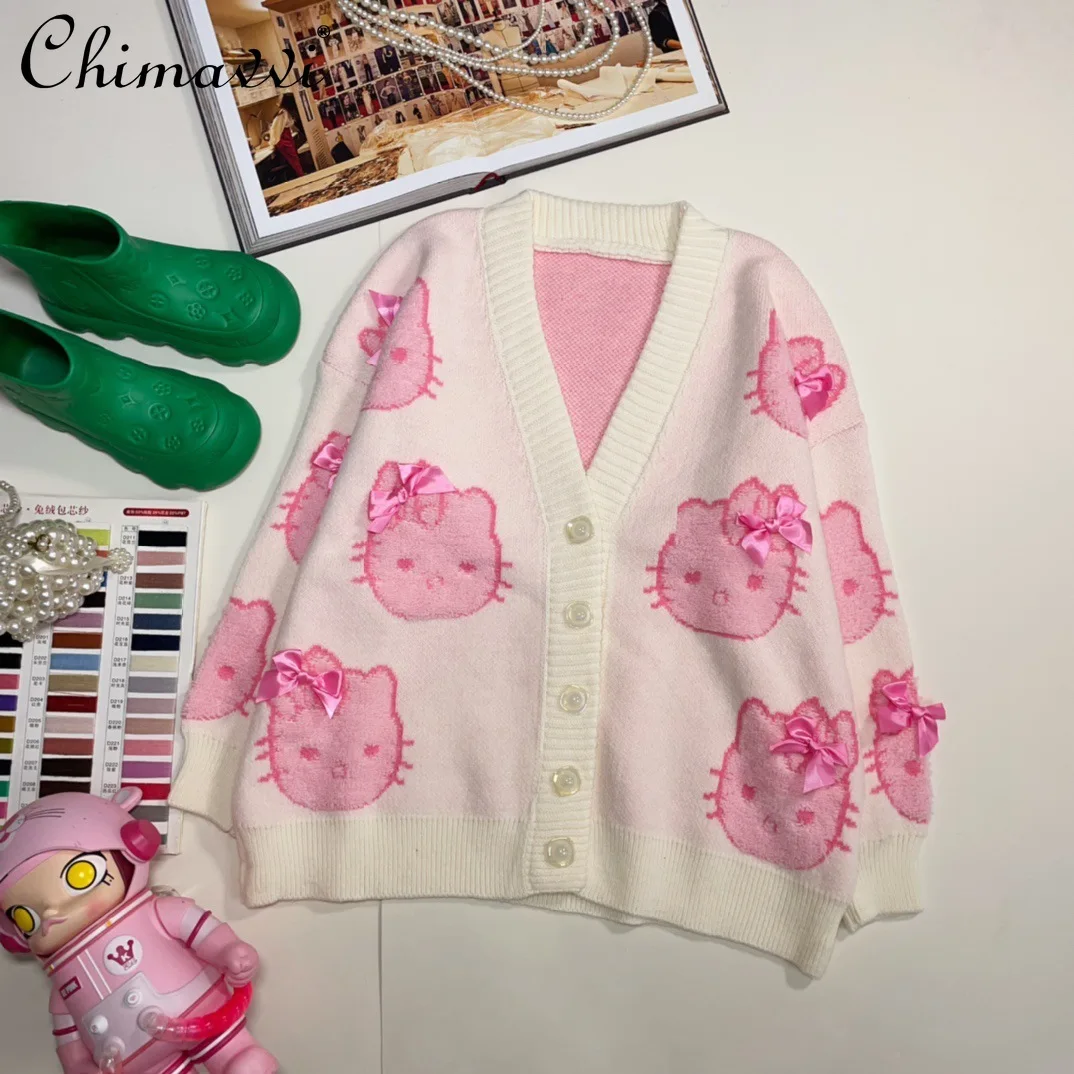 Autumn Winter New Sweet Cute Girls Elegant 3D Hello Kitty Jacquard Sweater Coat Student Loose Slim-fit Women\'s Knit Cardigan