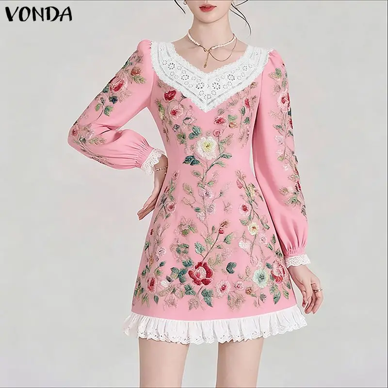 VONDA 보헤미안 꽃 프린트 드레스 여성 긴 퍼프 슬리브 레이스 패치 워크 미니 베스 티드 섹시한 v 넥 패션 streetwear sundress