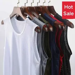 Men's Ice Silk Mesh Sleeveless T-shirt Mesh Tank Tops Gym Clothing Quick-Drying Breathable Man Sleeveless Shirt Fitness Men Vest