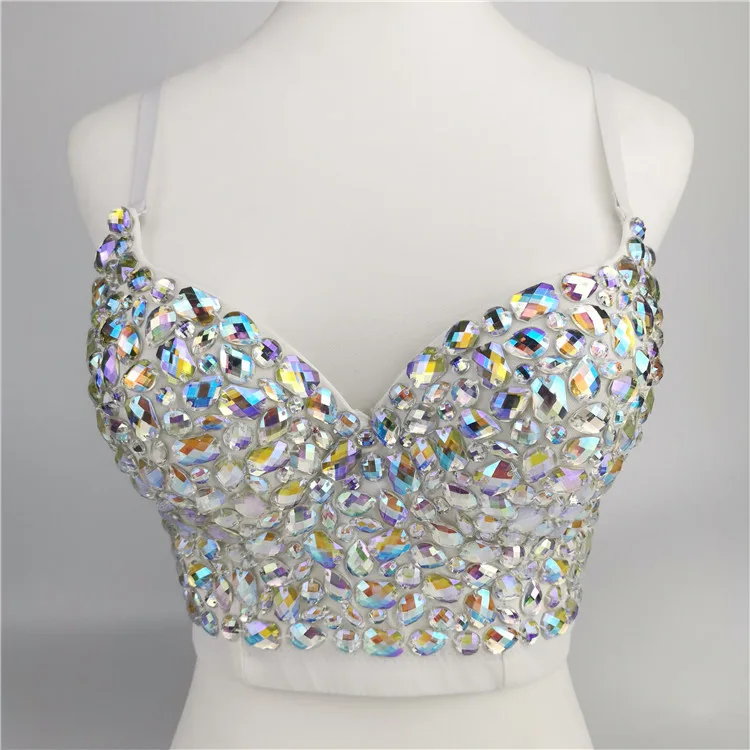 Women Sexy AB Colored Rhinestone Bustier Crop Top Spaghetti Strap Push Up Jewelry Bralette Glitter Club Party Corset Bra Vest