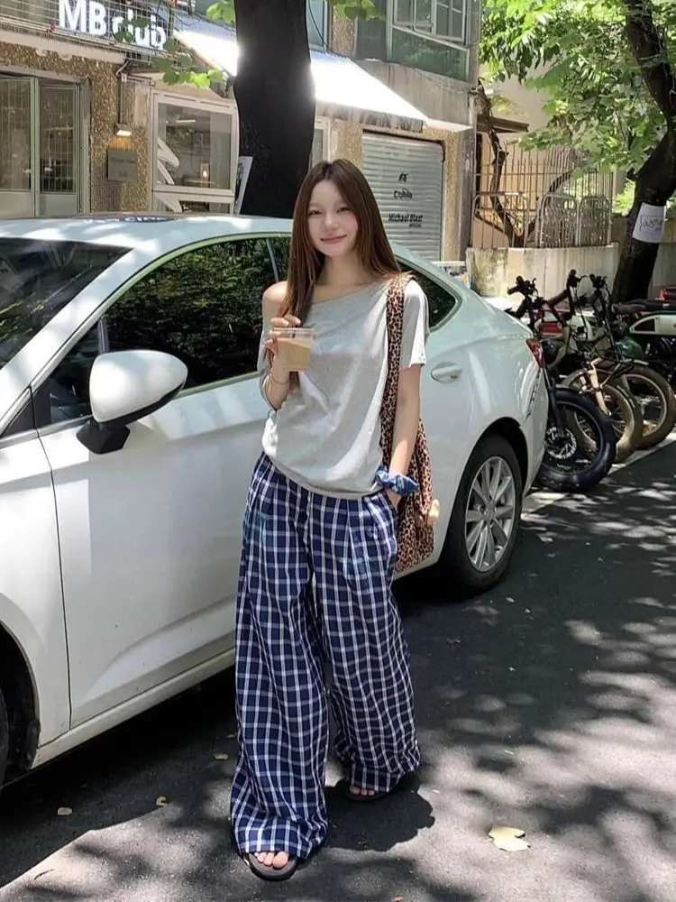 

Summer Outfit Women's 2025 New Sle Diagonal oulder ort Sve T-irt Plaid Wide Leg Pants Anti-Aging Casual Two-Piece Set