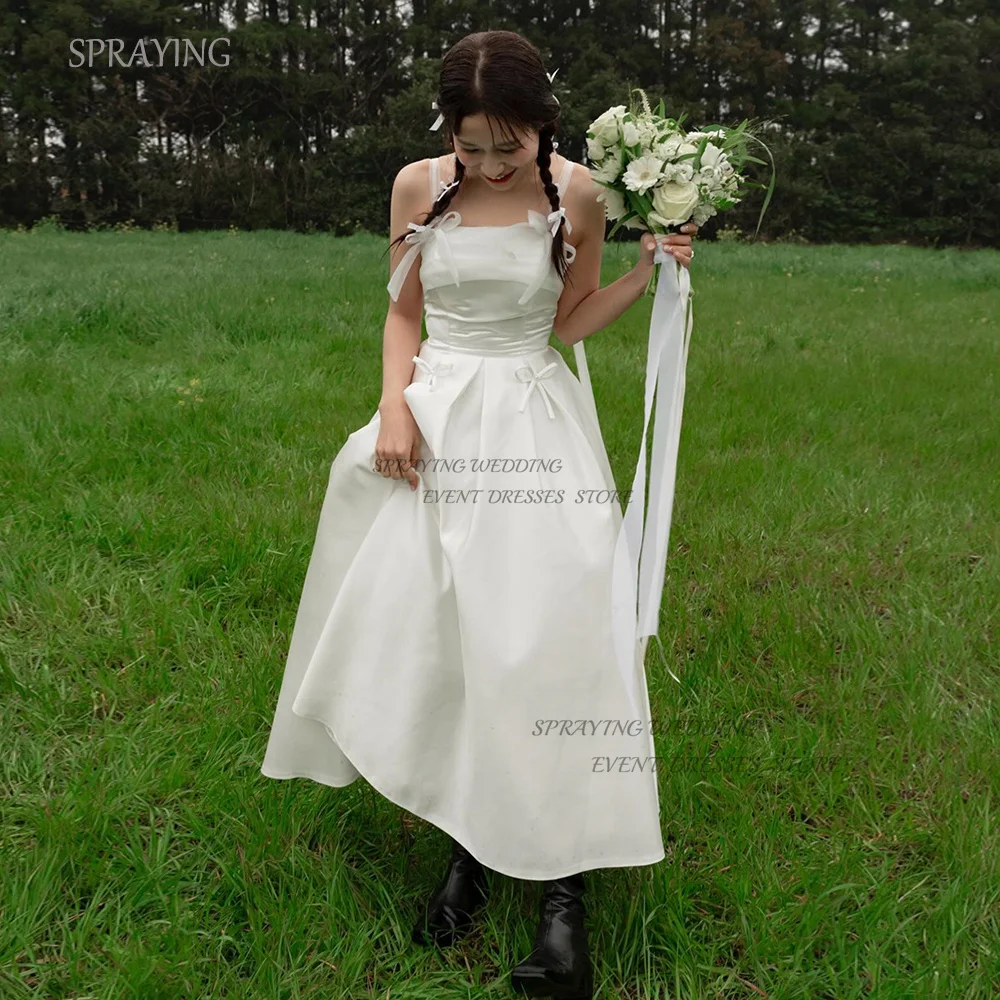 

SPRAYING Korea Wedding Shooting Dresses Custom Made Spaghetti Straps A-line Bows Bridal Gown Elegant Cute Party Dresses