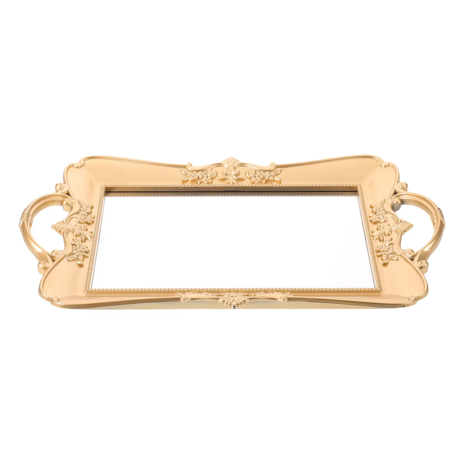 Rectangle Vintage Mirror Tray Gold Embossed Flower Decorative Mirror Serving Tray for Jewelry Organizer Dresser
