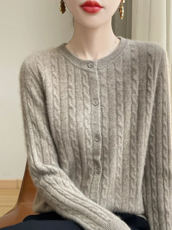 

Весна 2026: Женский вязаный шерстяной свитер однотонного цвета с длинными рукавами и круглым вырезом, универсальный вязаный кардиган-накидка