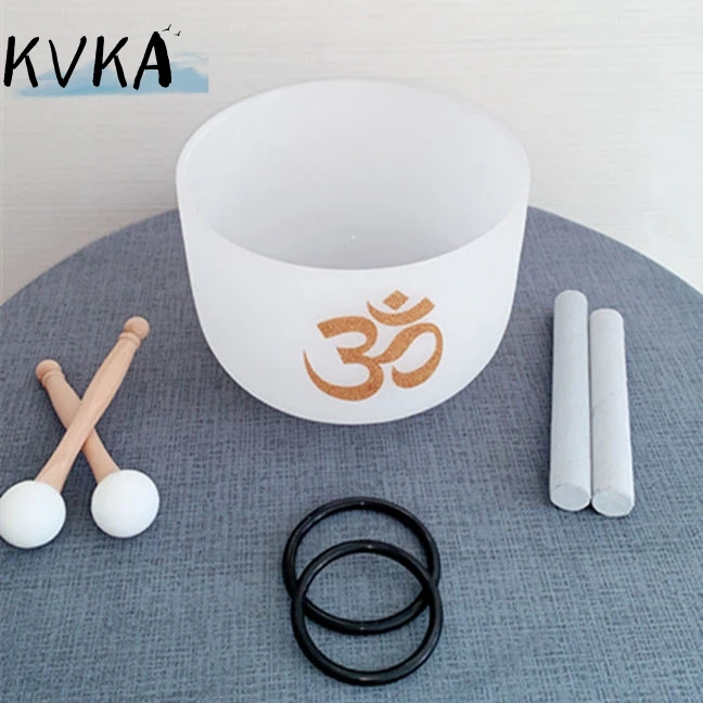 KVKA Gold Design 8 Inch C Note Chakra Frosted Quartz Crystal Singing Bowl with Free Bag