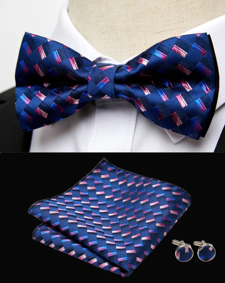 HUISHI Klassische blaue Fliege für Männer, Paisley-Blumenfliege, Einstecktuch, Manschettenknöpfe, Anzug-Set, Hochzeit, Party, kariert, solide Schmetterling – Detail 10