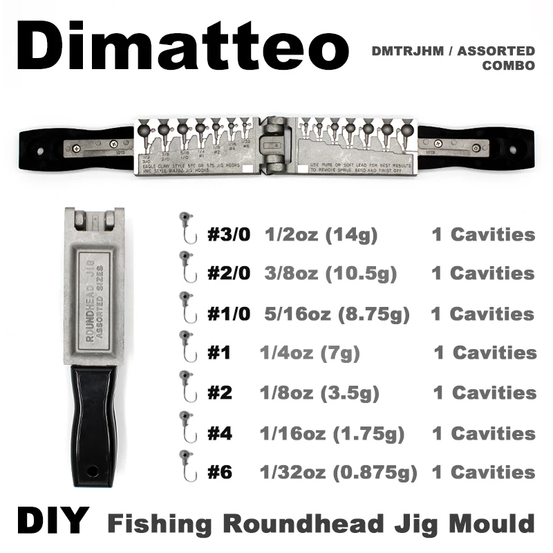 Dimatteo DIY Fishing Roundhead Jig Mould DMTRJHM/ASSORTED COMBO 1/32oz, 1/16oz, 1/8oz, 1/4oz, 5/16oz, 3/8oz, 1/2oz 7 Cavities