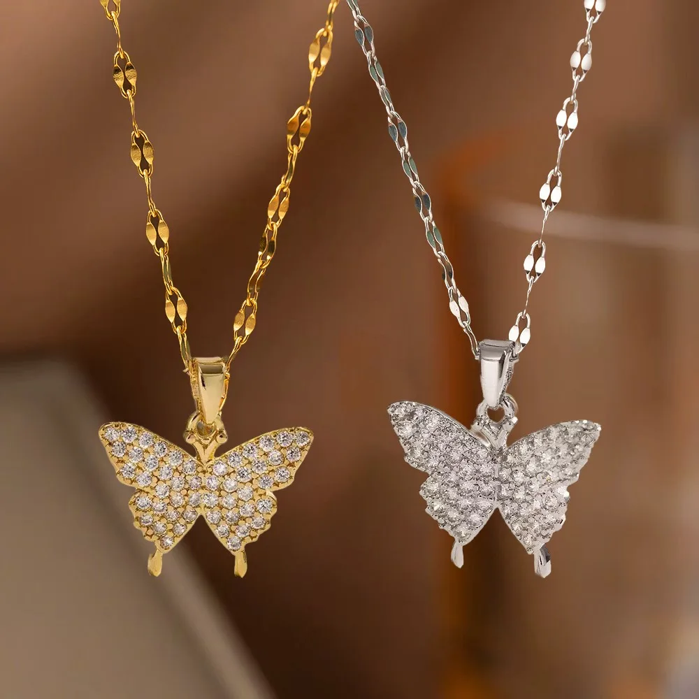 Exquisite Luxury Stainless Steel Full Zircon Butterfly Pendant Necklace for Women  Fashion Designer Jewelry Valentine's Day Gift