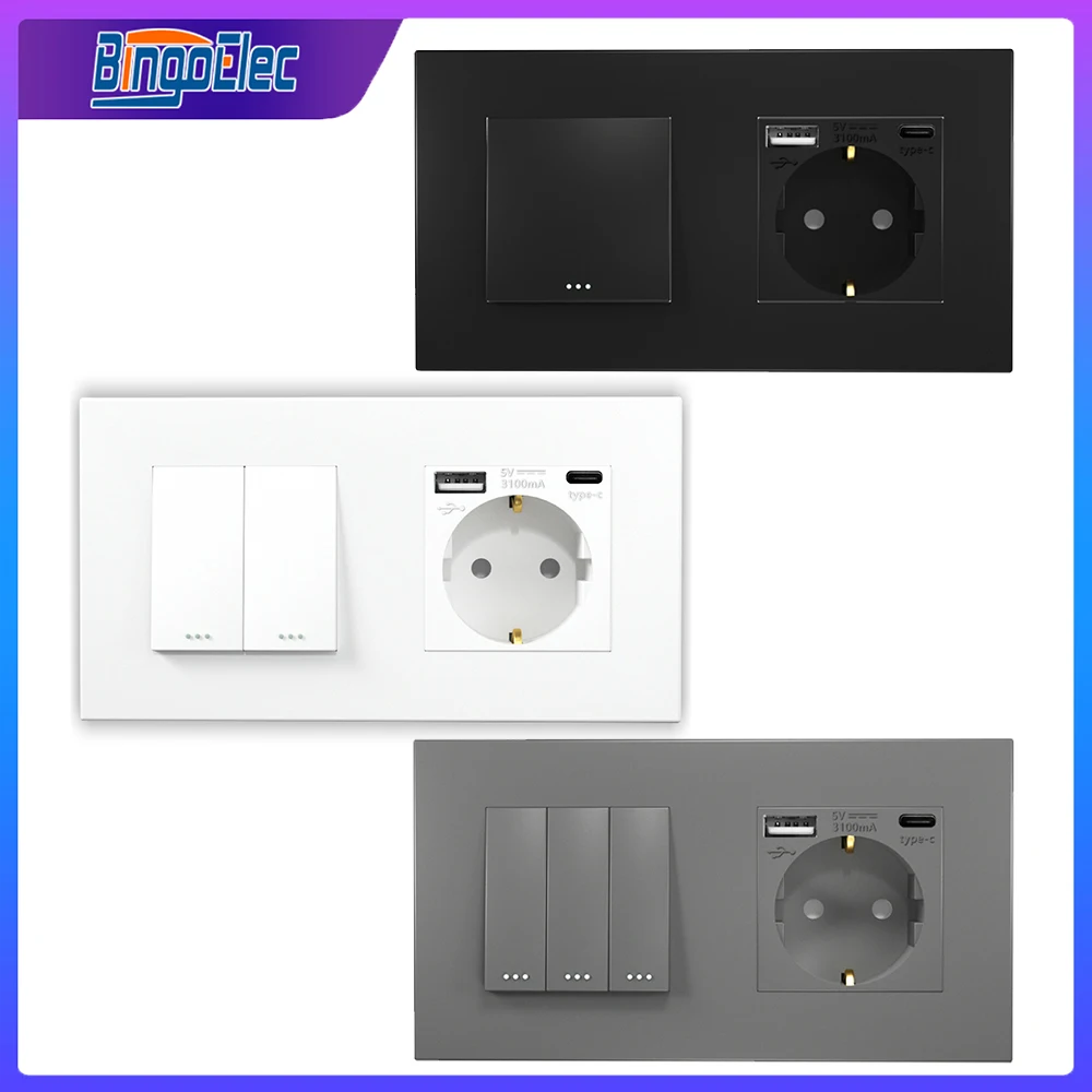 Bingoelec 1/2/3 Gang 1/2way Push Button Switch with TypeC USB Socket Wall Light Switches Plastic Panel Outlet Home Improvement