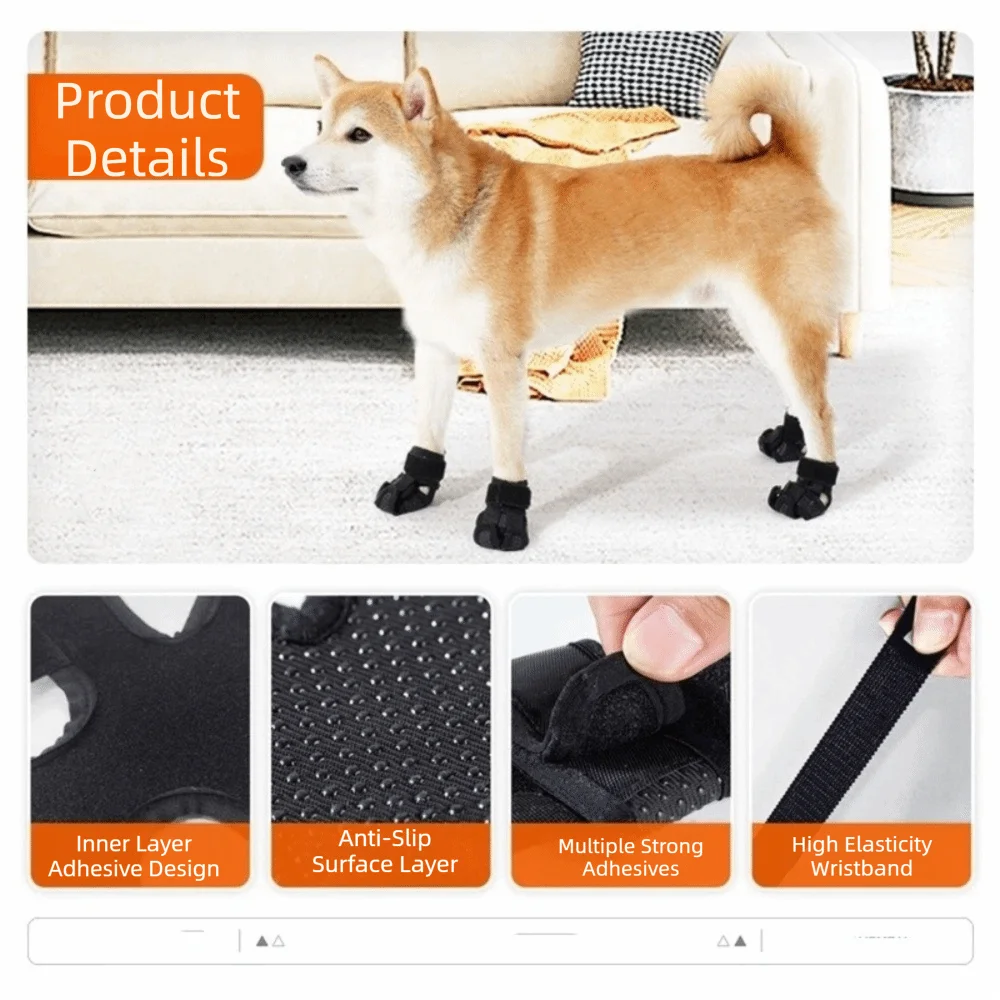 

4pcs/set Adjustable Dog Anti-Slip Shoes Comfortable Self Adhesive Pet Foot Covers Breathable Wear-Resistant Dog Walking Shoes