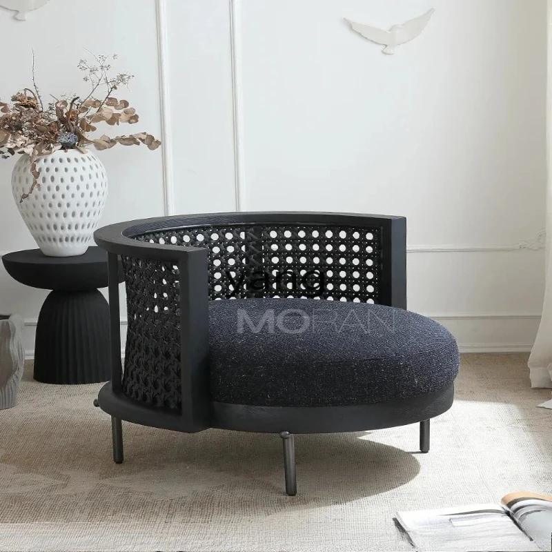 

LH woven solid wood leisure single chair living room bedroom balcony cotton and linen fabric single sofa chair