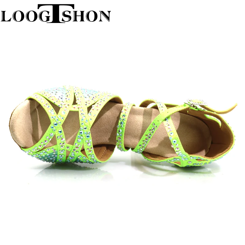 Loogtshon PROMO Berlian Imitasi Profesional Tumit Dansa Latin 9CM Sepatu Dansa Wanita Hijau Neon Lembut Sepatu Tari Samba Rumba Cha