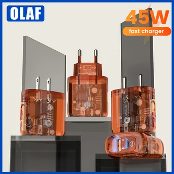 45w şarj USB A + tipi C PD hızlı şarj cep telefonları şeffaf adaptörleri için Xiaomi iPhone Huawei Samsung Oneplus cep telefonları