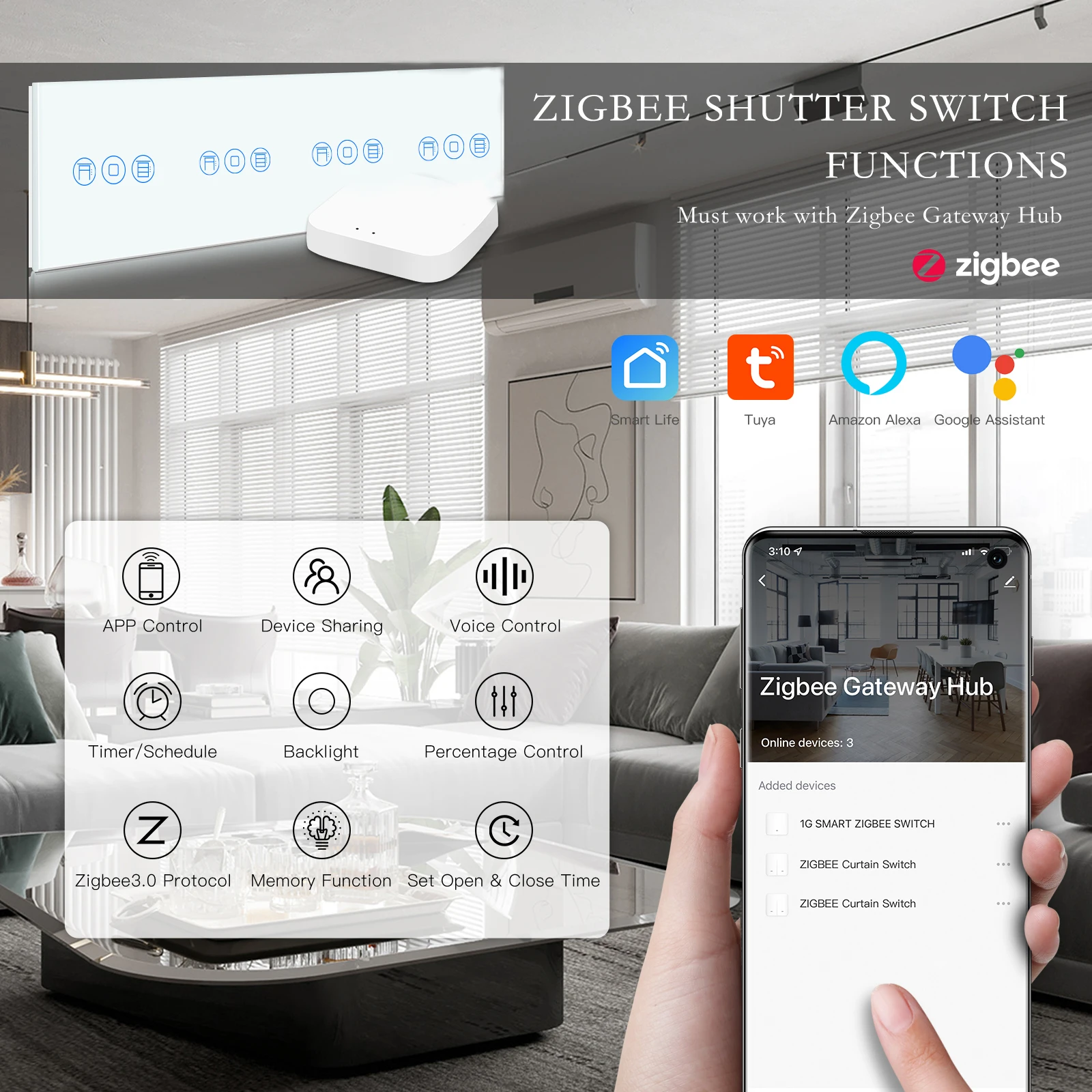 BSEED Zigbee Shutter Switches Electric Motorized Quadruple Smart Blinds Roller Google Home Smart Life Alexa Voice APP Control