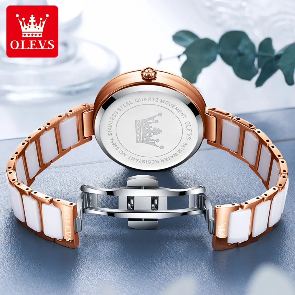 OLEVS Elegant Ceramics Strap Quartz Watch for Women Waterproof Luminous Auto Date Ladies Hand Clock Luxury Brand Wristwatch Sets