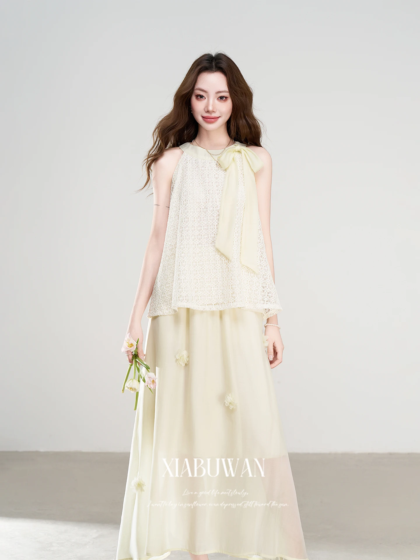 

Summer New Style Women's Fashionable Two-Piece Set Neck Hanging Top Half-Skirt Knot High Waist Regular Fit French S...