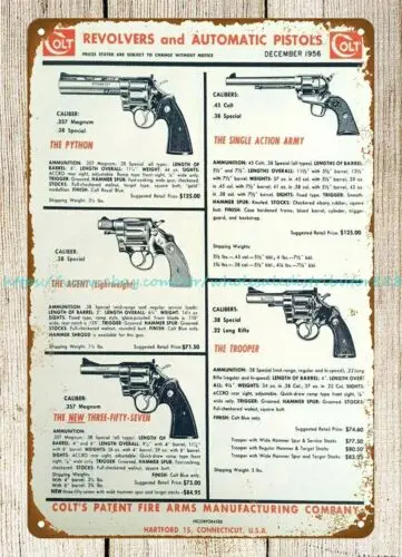 Firearms guns handgun revolvers pistols hunting shooting 1956 metal tin sign