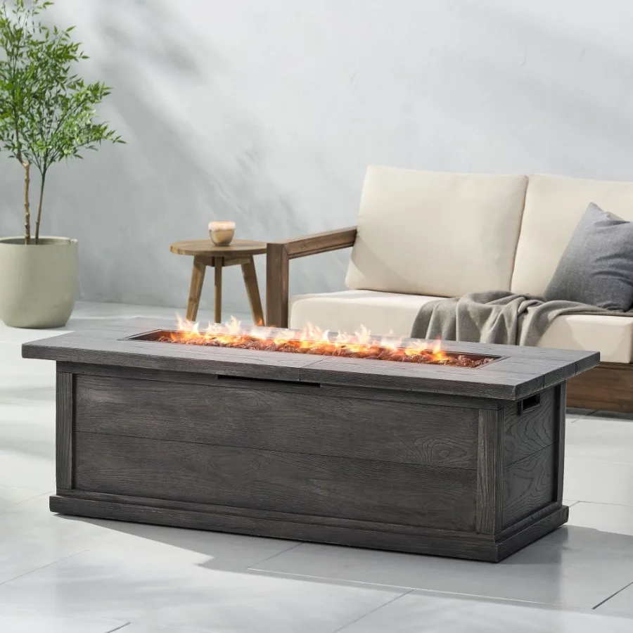 

56 Outdoor 50 000 BTU Rectangular MgO Concrete Propane Fire Pit Grey Wood Pattern Tank Cover not Included