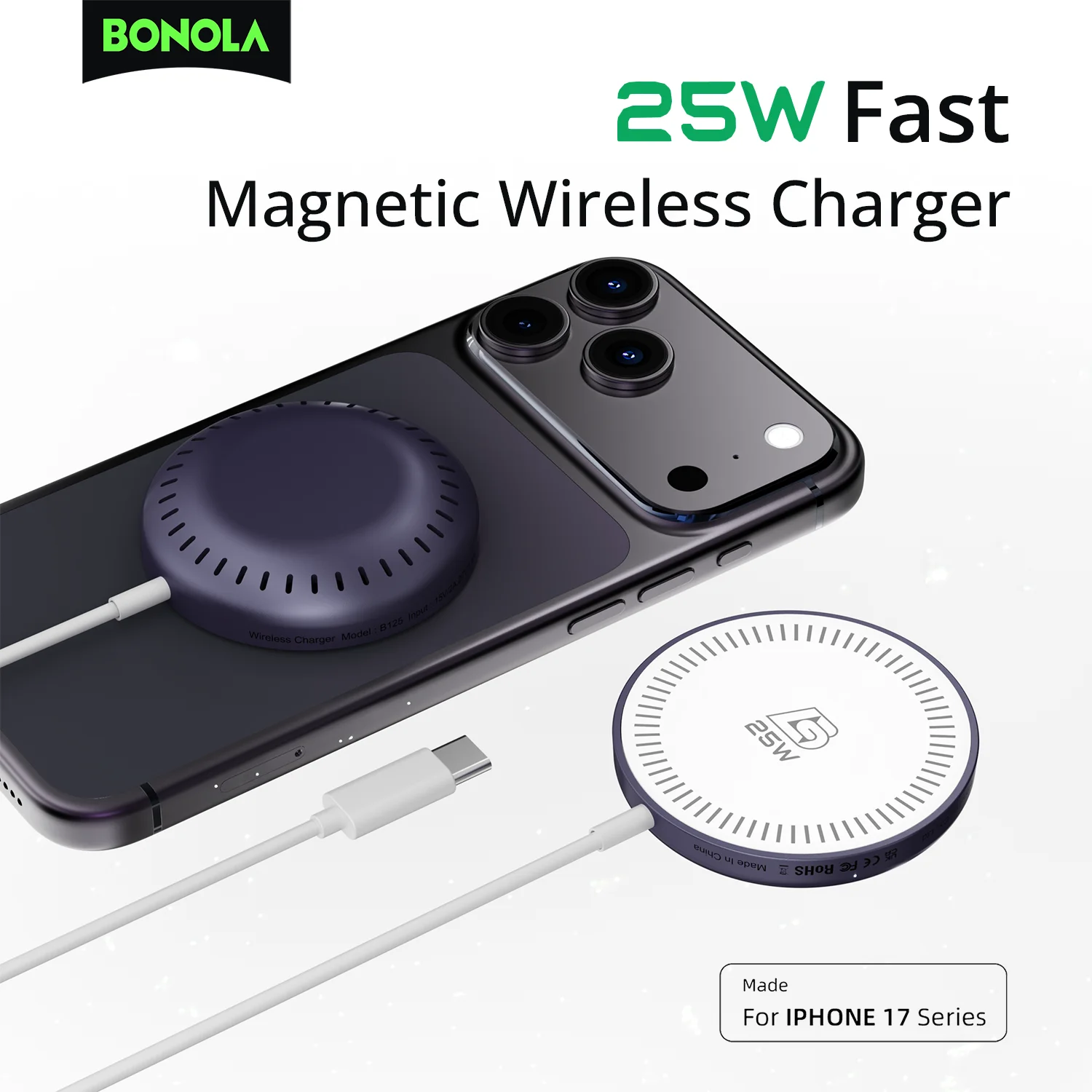 

Беспроводное зарядное устройство Bonola 25 Вт Fast Magentic для iPhone 17 Pro/17Pro Max/Air Портативные зарядные устройства Pad для iPhone 16/15/14/Airpods Pro
