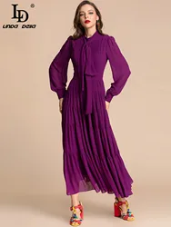 LD LINDA DELLA Fashion Runway Autumn Maxi Dress Women Bow tie Long sleeve Purple Elegant Long Party Dress Vestidos