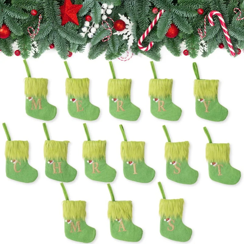 Christmas Stockings Green Knitted with Plush Cuff Embroidered Letter Xmas Stockings Classic for Home Decor Family Holiday Tree