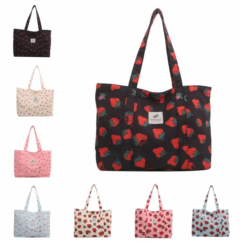 Bolso de mano informal con Estampado de cereza y fresa, bolso de compras estético de gran capacidad, bolso de comestibles de estilo coreano, bolso de mano de nailon para exteriores