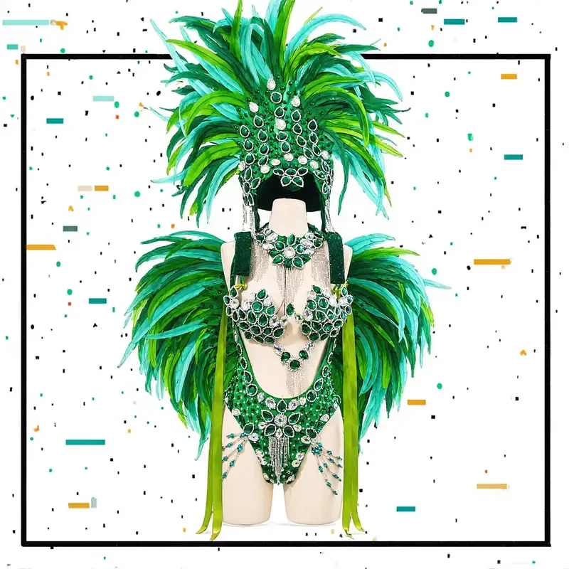 Handmade Samba Rio Carnival Belly Dance Costume Stage Performance Wire Chest Strap Feather Shawl and Jewel Unique Carnival